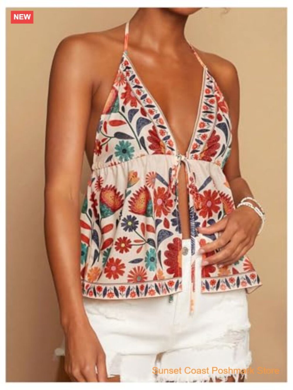 Tropical Halter Tank Top Tie Backless Boho Camisole Crop Top - Picture 4 of 6